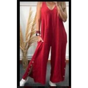 Puro Lino Pants Womens One Size OS Linen Jumpsuit Bib Overalls Ankle Crop Red